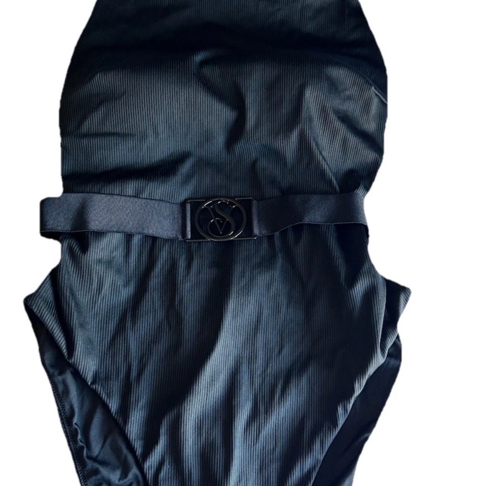 Victoria's Secret Black Ribbed One-Piece with Logo Buckle Belt